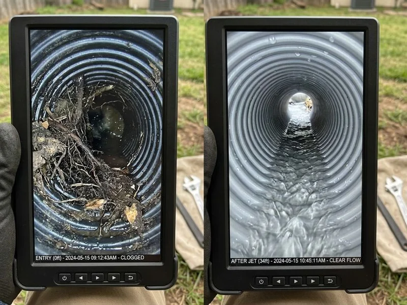 Before and after of a French drain line cleared from full blockage to clear flow