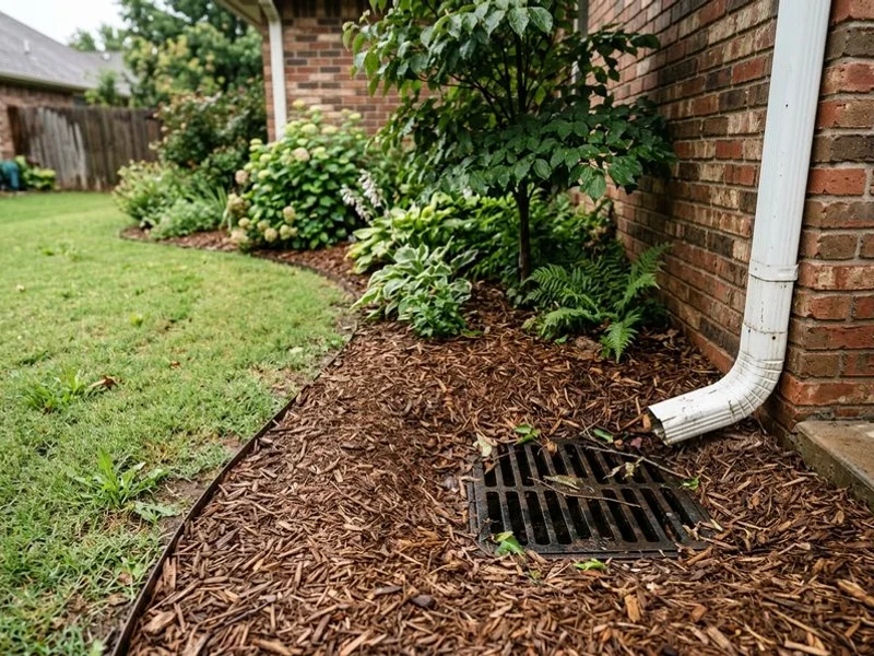 Flowerbed catch basin paired with a downspout in an OKC backyard