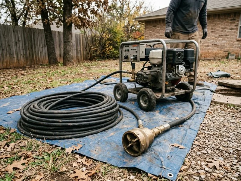 Hydro-jetter with root-cutting nozzle staged at the cleanout
