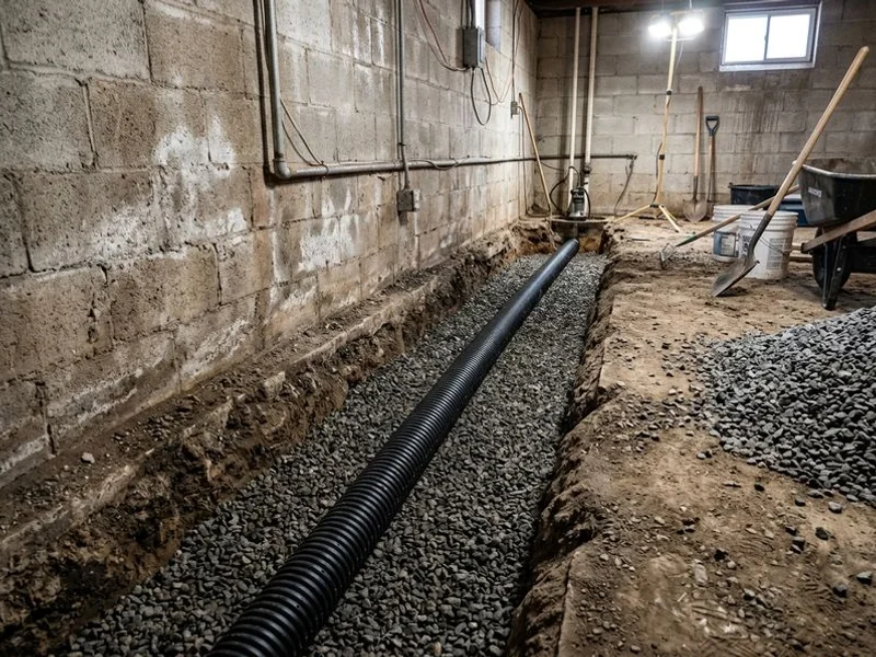 Perforated pipe laid in gravel bed along basement wall
