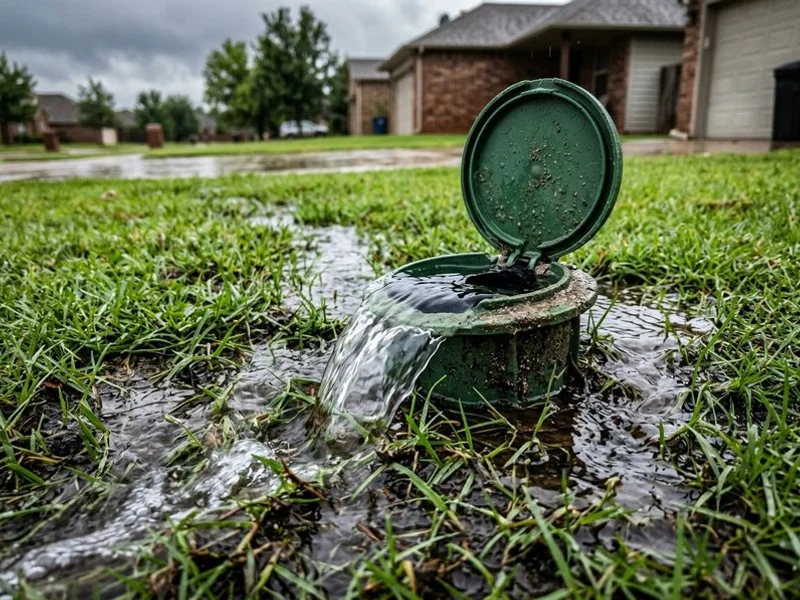 Pop-up emitter discharge at grade flowing after a heavy rain
