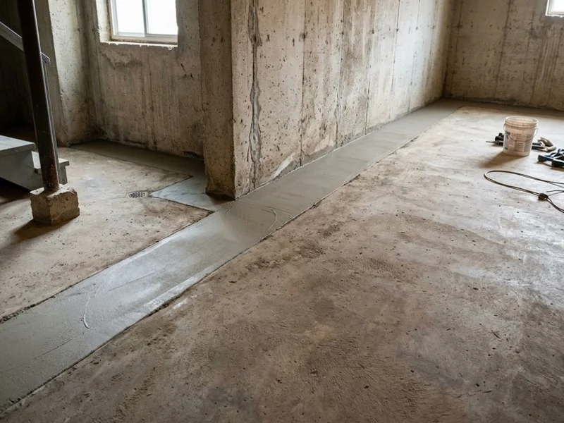 Restored basement floor with fresh concrete after the drain install