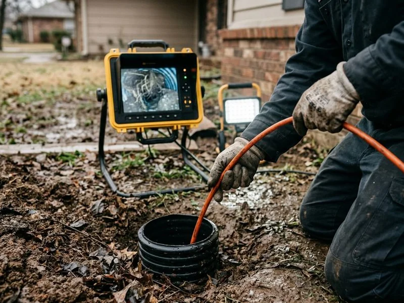 Camera inspection showing roots and silt blockage