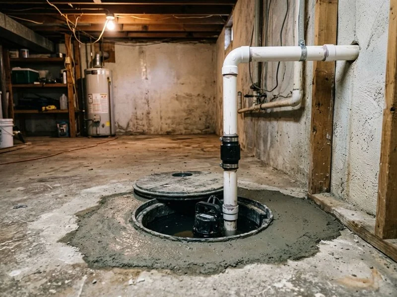 Sump basin with pump installed and plumbed to exterior discharge
