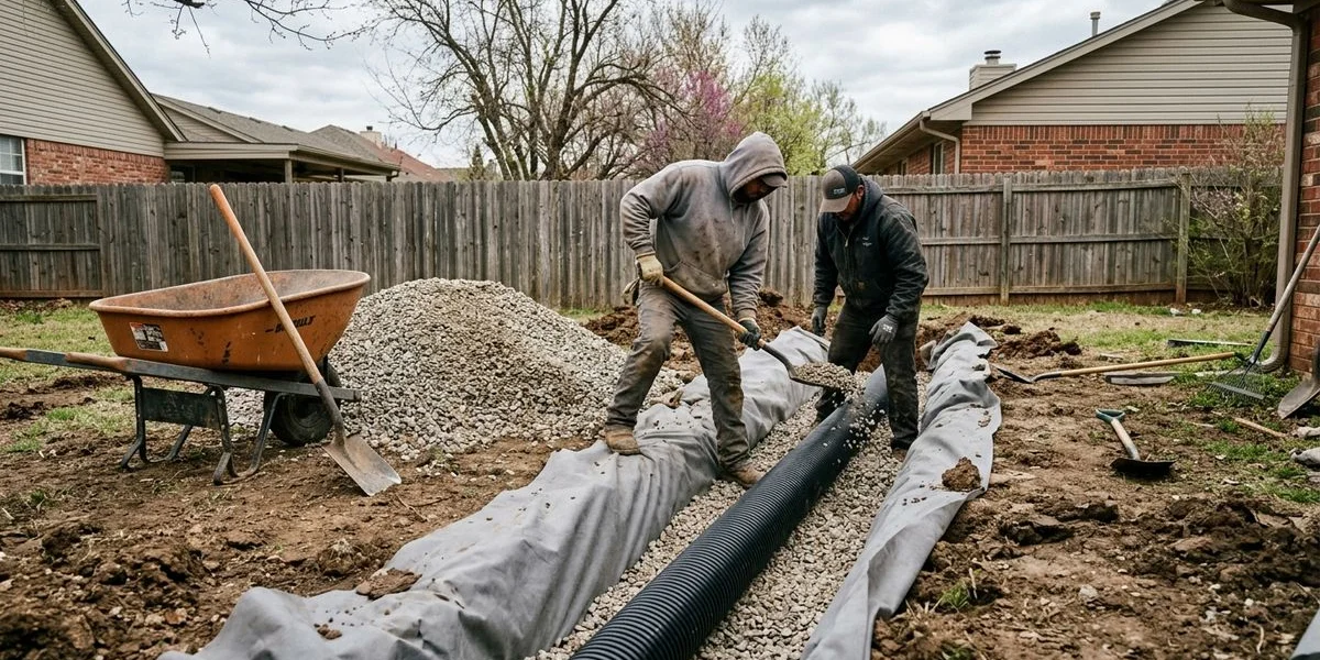 OKC French Drains crew laying perforated pipe and gravel in a French drain trench