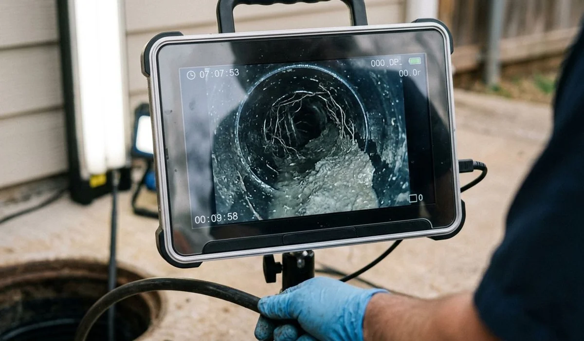 Camera footage from inside a French drain showing root intrusion and silt buildup