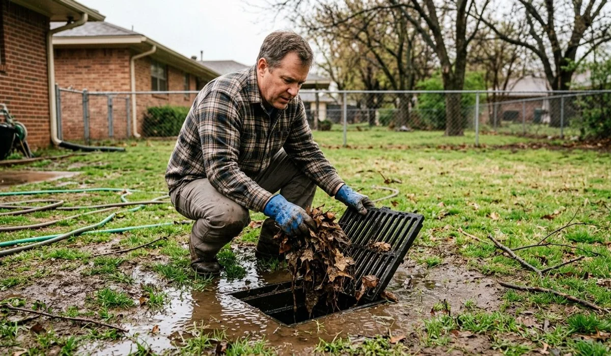 Homeowner clearing debris from a catch basin grate after a storm