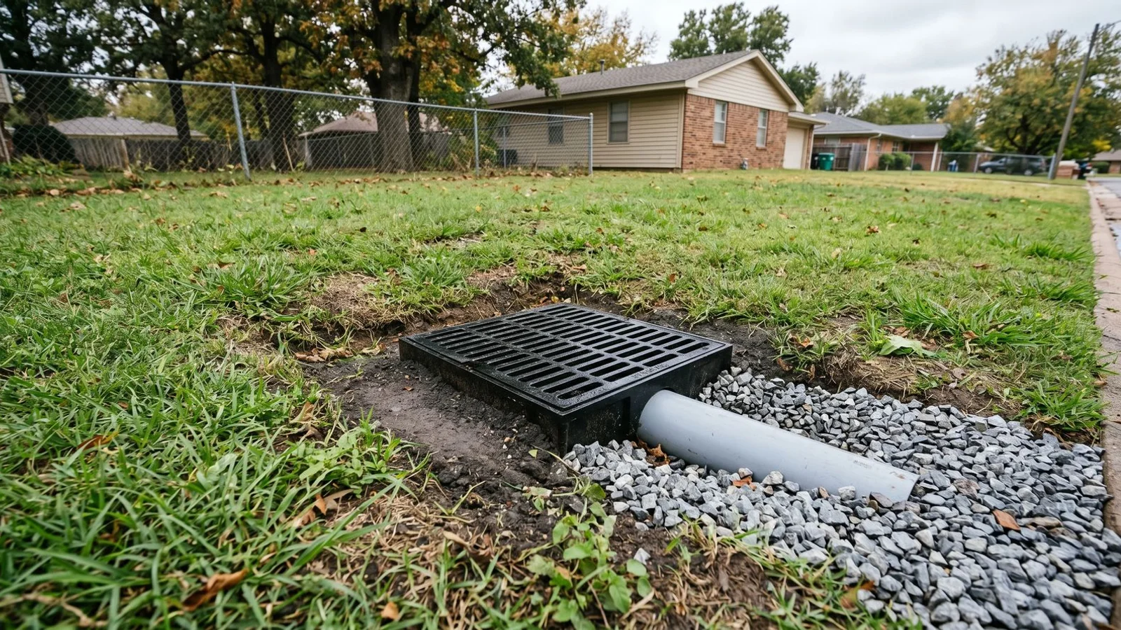 NDS-style catch basin set into a low spot in an Oklahoma City yard