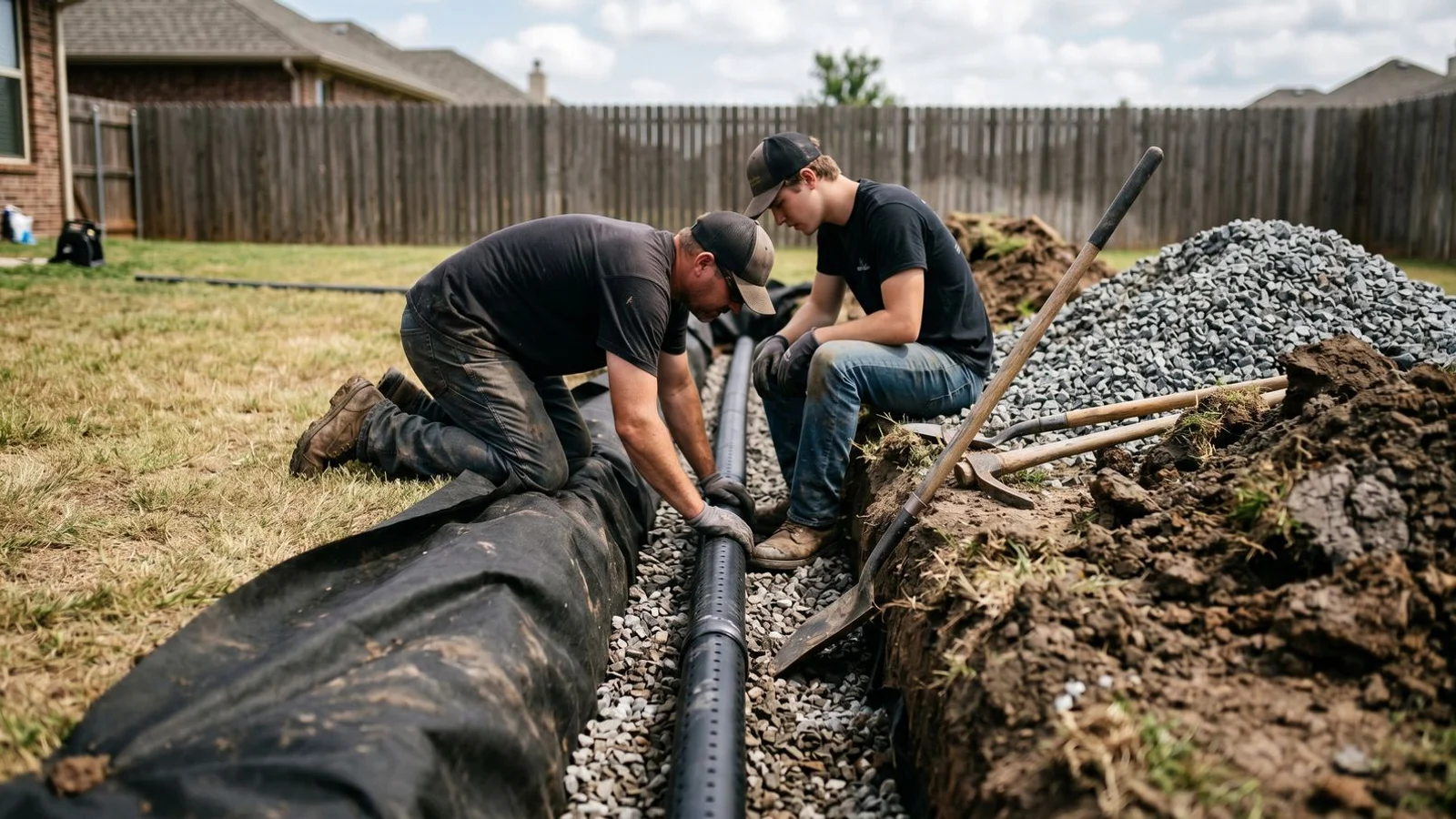 French drain crew laying perforated pipe and gravel in a residential trench in Oklahoma