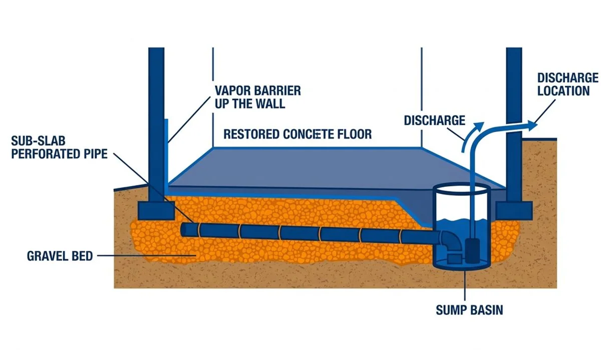 Cross section of an interior French drain showing the sub-slab pipe, gravel bed, vapor barrier, and sump basin