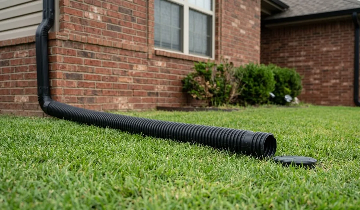 Downspout extension to pop-up emitter routed away from foundation