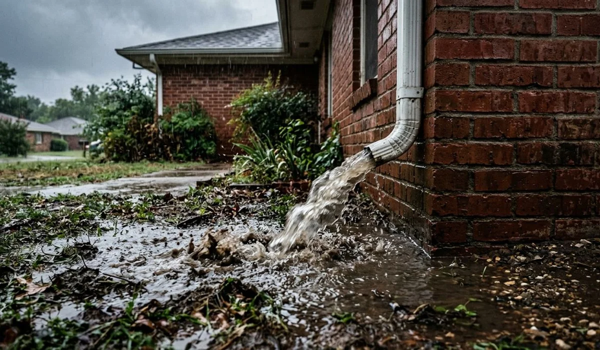 Downspout flooding the ground next to a home foundation