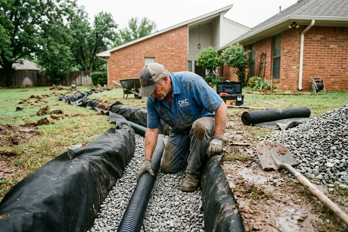 French drain installation in an Oklahoma City residential yard