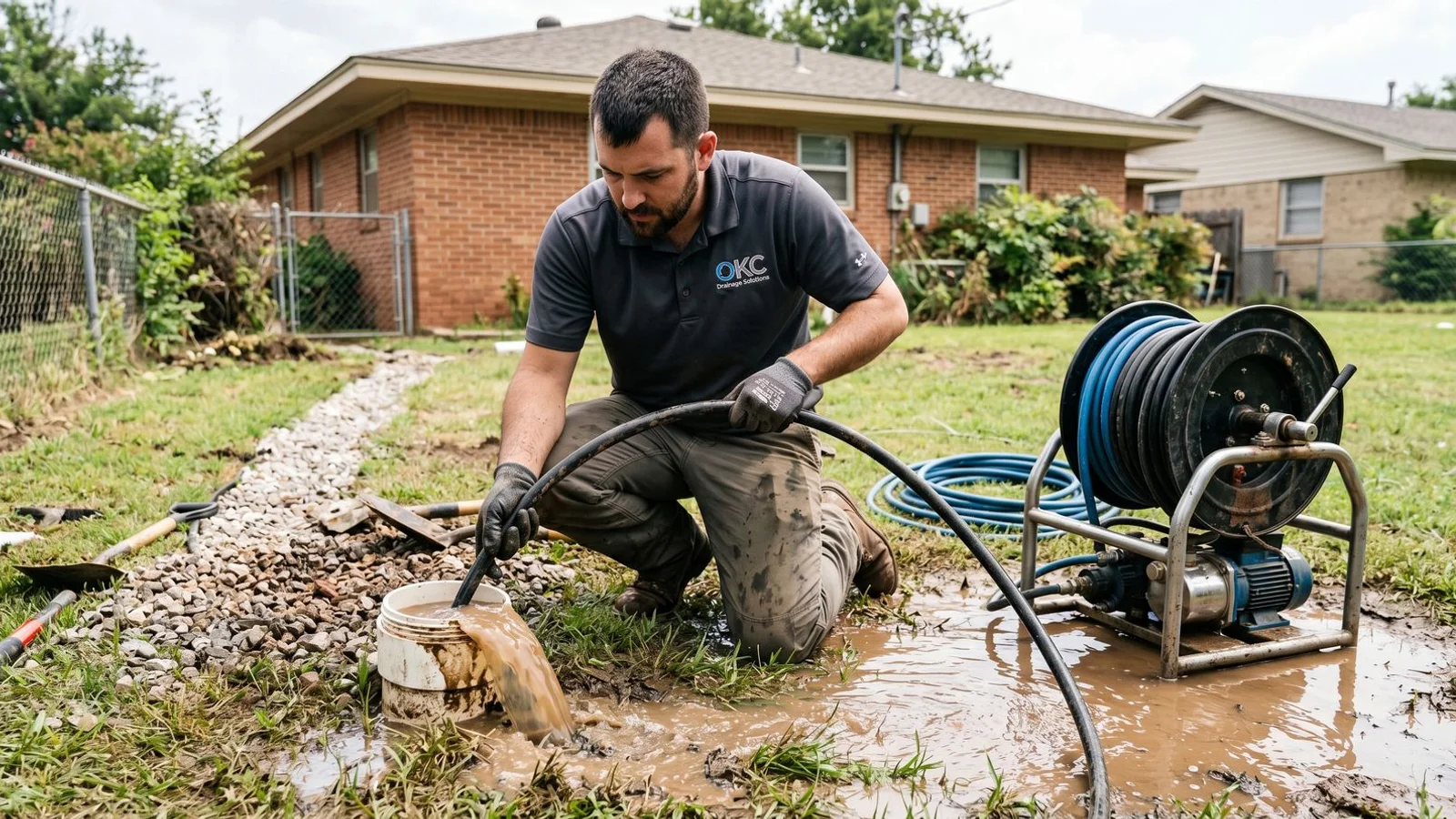 Hydro-jetting cleanout of a clogged French drain line in an Oklahoma City yard