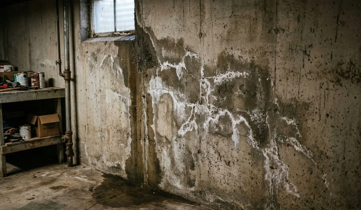 Foundation wall showing water staining and efflorescence after heavy rain