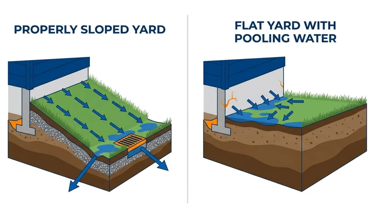 Comparison diagram: properly graded yard vs flat yard that pools