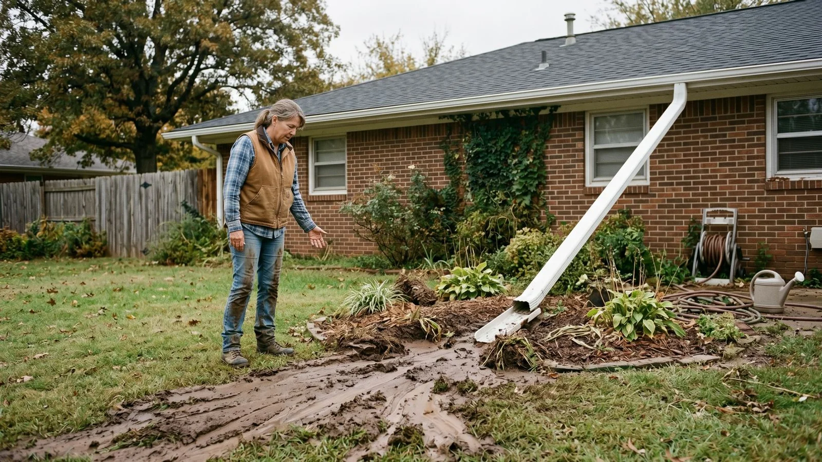 Homeowner inspecting an eroded garden bed beside a downspout in an Oklahoma yard
