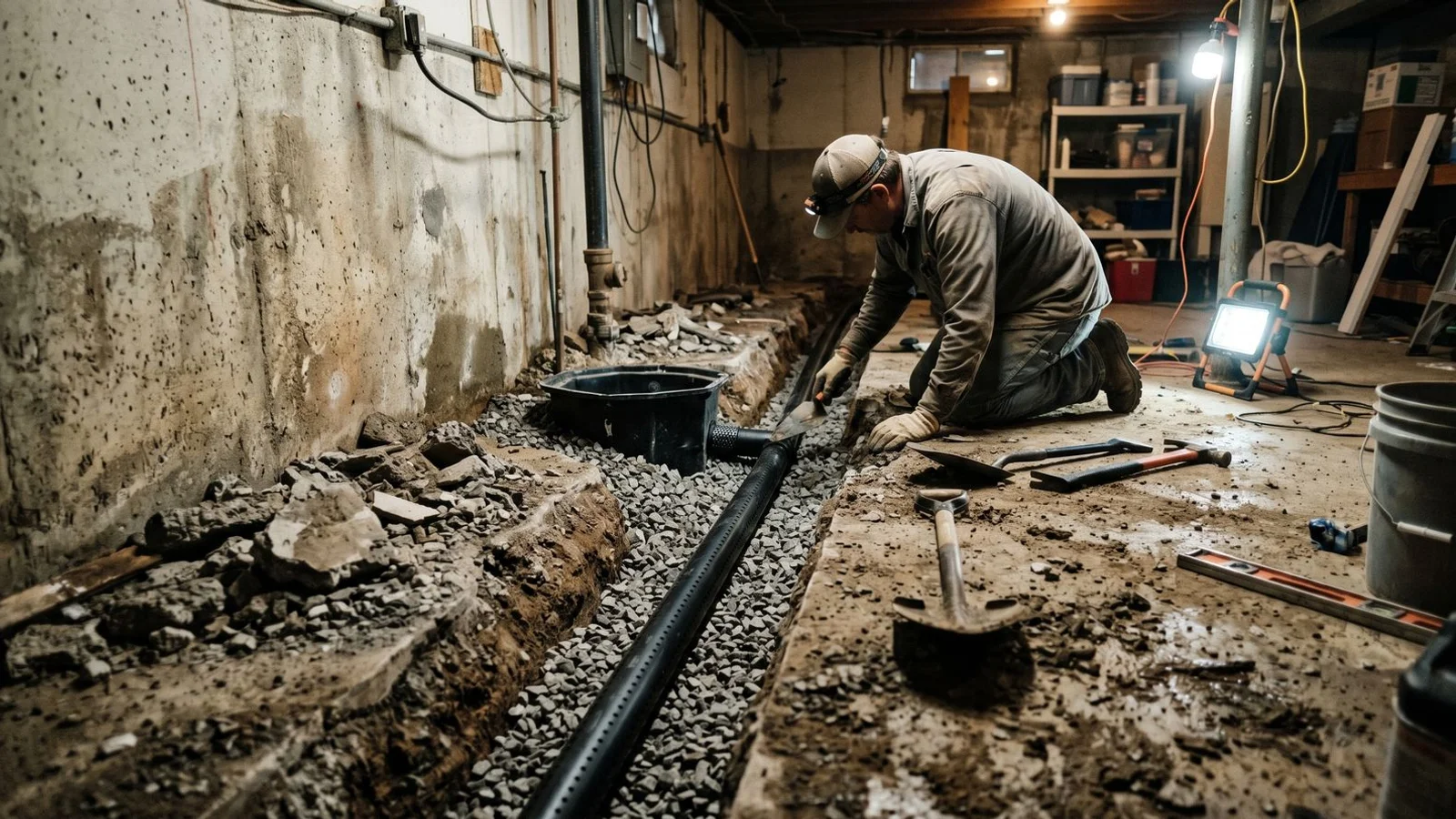 Interior French drain trench cut along the basement wall with perforated pipe ready for gravel and concrete restoration