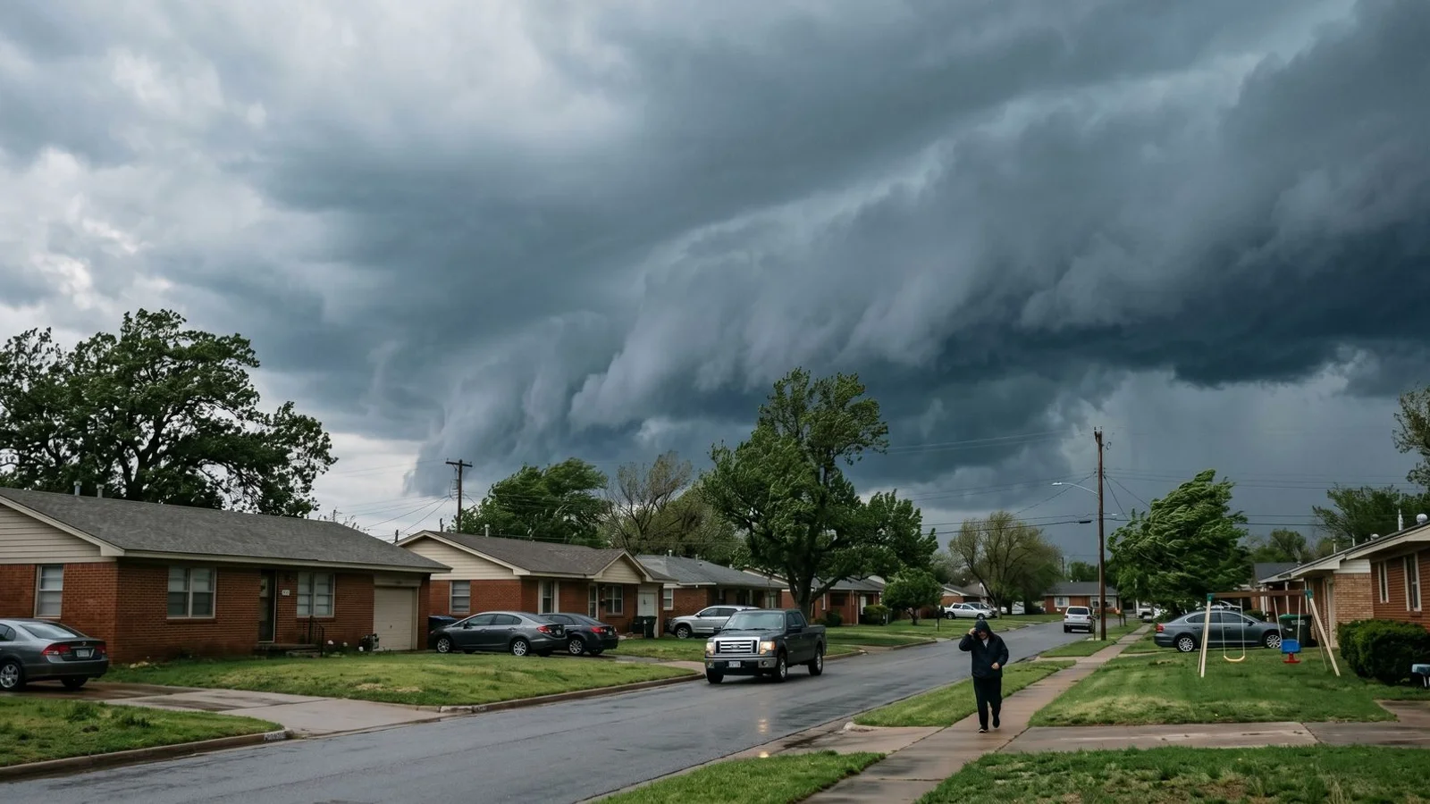 Spring storm clouds rolling across an OKC suburban neighborhood
