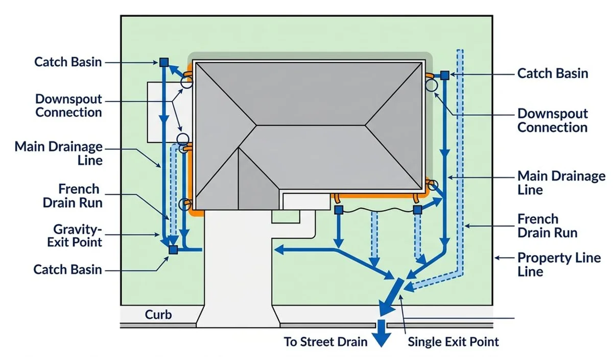 Plan view of a combined drainage system: catch basins, French drains, and a single gravity-fed exit