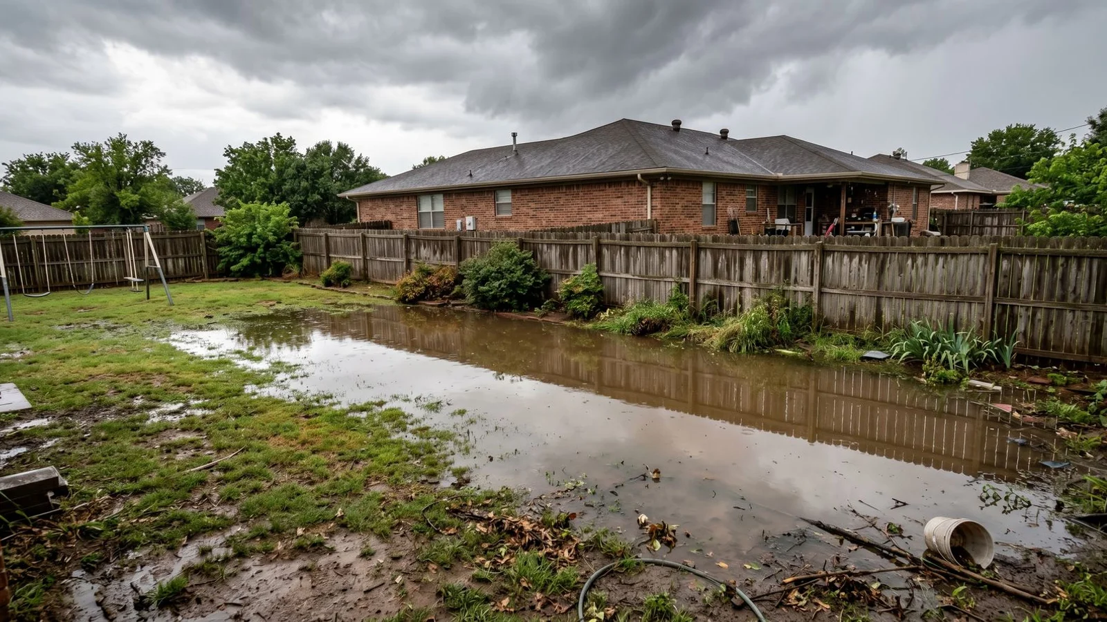 Pooling water across a soggy backyard in Oklahoma after a heavy rain