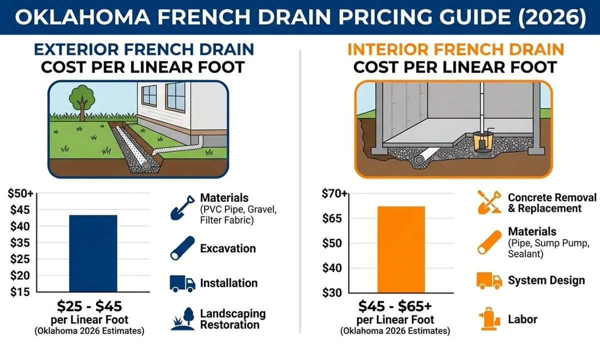 Price-range infographic: exterior vs interior French drain per linear foot in Oklahoma