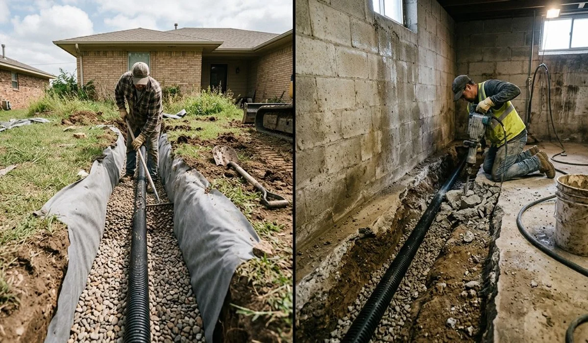 Comparison: exterior French drain trench vs interior basement sub-slab install