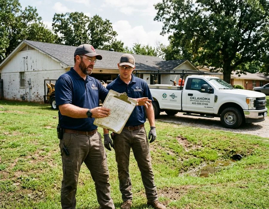 OKC French Drains crew reviewing grading plans