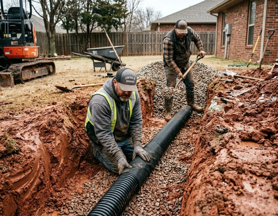 OKC French Drains crew installing a French drain on an Oklahoma clay-soil yard